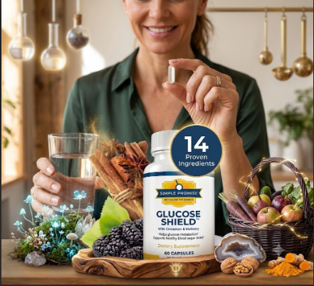 Woman holding a single Glucose Shield capsule beside the supplement bottle