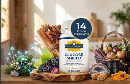 Glucose Shield supplement bottle with 14 proven ingredients badge